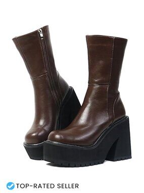 Chunky Goth Platform Ankle Boots - Faux Leather Wedge Heels
